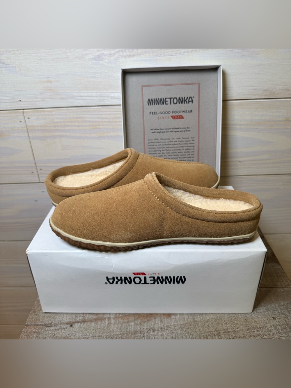 Minnetonka Men's Chestnut Suede Slip-On Shearling-Lined Loafers